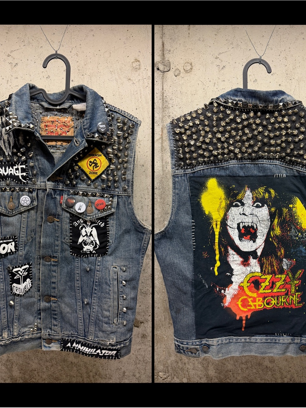 Studded Denim Vest with Ozzy Osbourne Back Patch